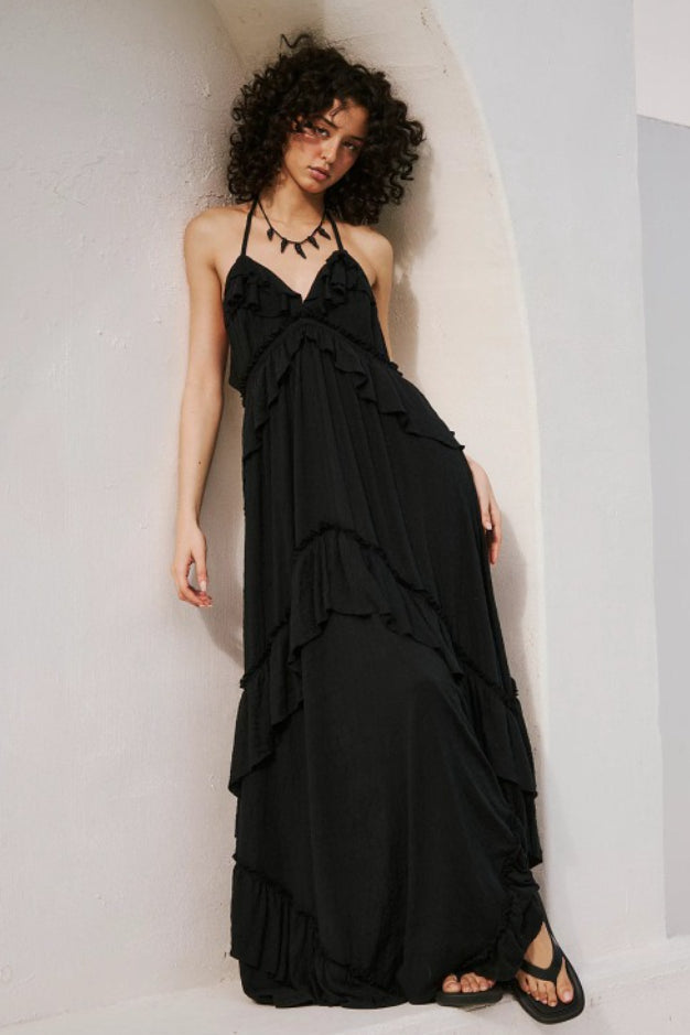 Halter Back Tie Tiered Ruffle Maxi Skirt Two Piece Set