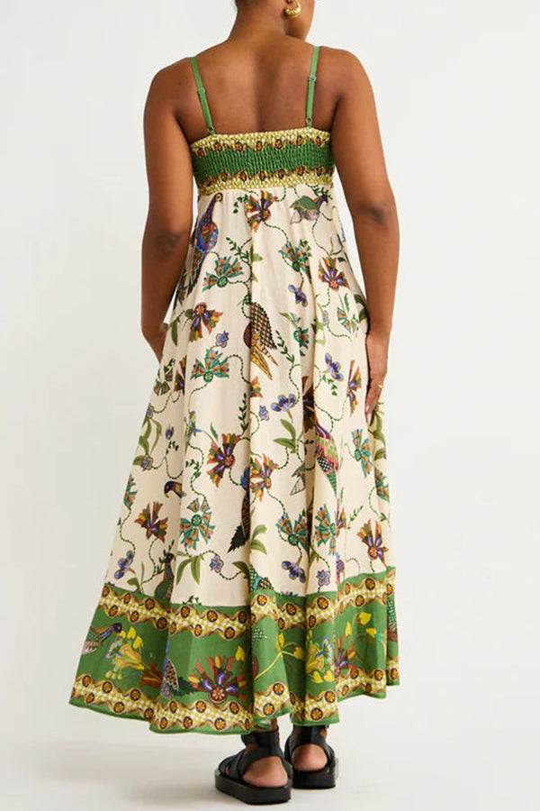 Bird Print Border Hem Spaghetti Strap Fit and Flare Pocket Maxi Dress