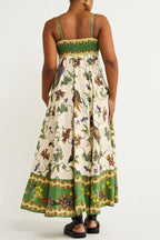Bird Print Border Hem Spaghetti Strap Fit and Flare Pocket Maxi Dress