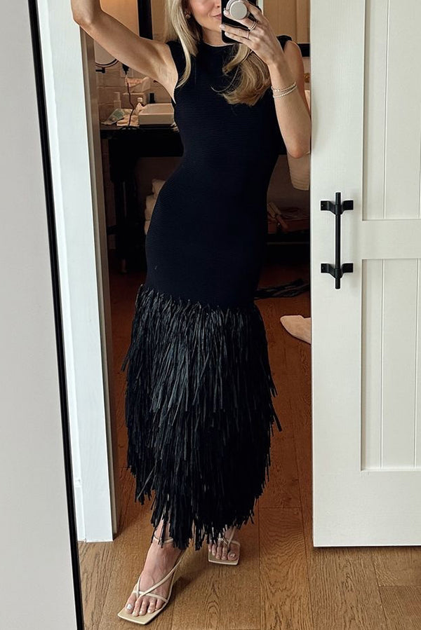 Sleeveless Crew Neck Tiered Fringed Hem Maxi Dress