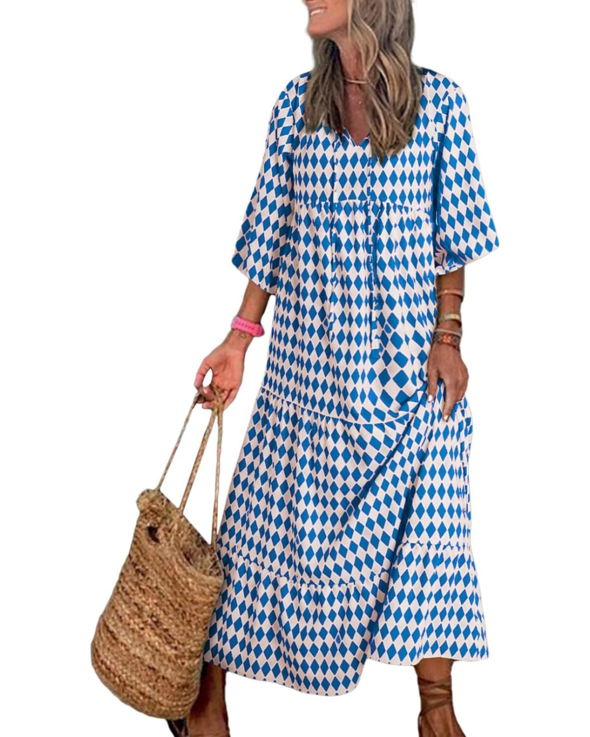 Puff Sleeve Tiered Geometric Print Boho Maxi Dress