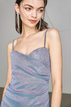 Spaghetti Strap Sweetheart Ruched Shimmer Wrap Front Mini Dress