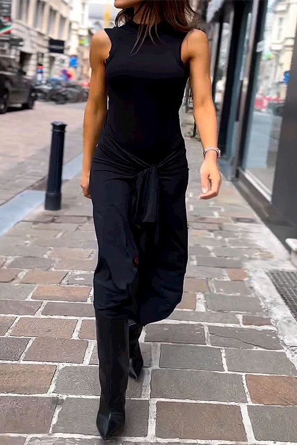 Mock Neck Twist Front Side Slit Sleeveless Midi Dress
