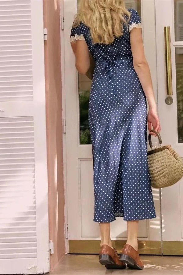 Polka Dot Deep V-Neck Lace Trim Short Puff Sleeve Rosette Accent Maxi Dress