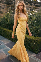 Floral Jacquard Strapless Mermaid Maxi Lace Dress