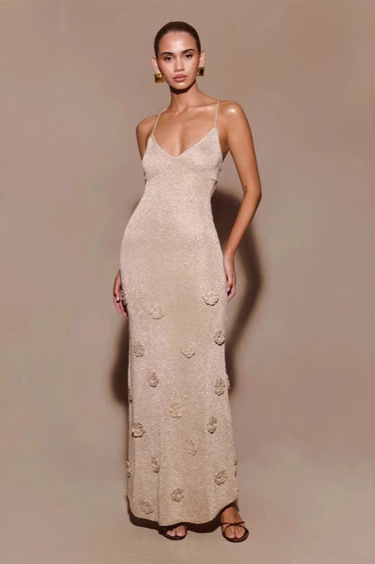 Metallic Knit 3D Floral Appliqué Spaghetti Strap Maxi Dress