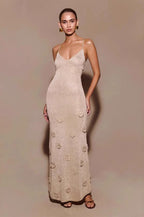 Metallic Knit 3D Floral Appliqué Spaghetti Strap Maxi Dress