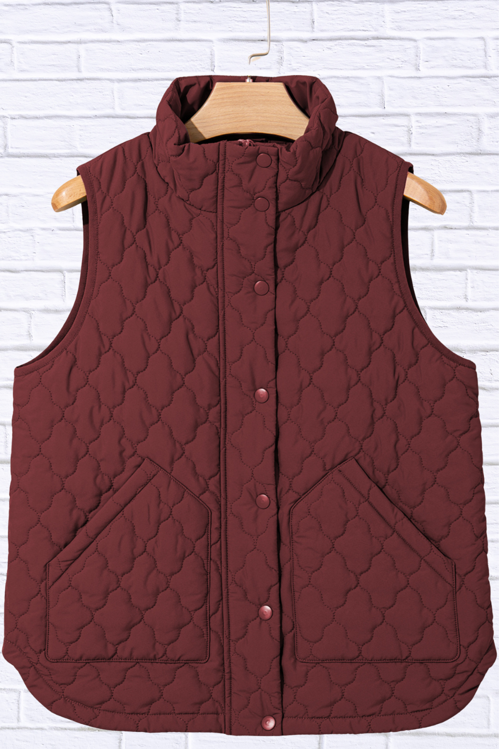 Burgundy Quilted Snap Down Zip Up Vest Coat _ Women__ Lightweight Warm Outerwear for Fall & Winter