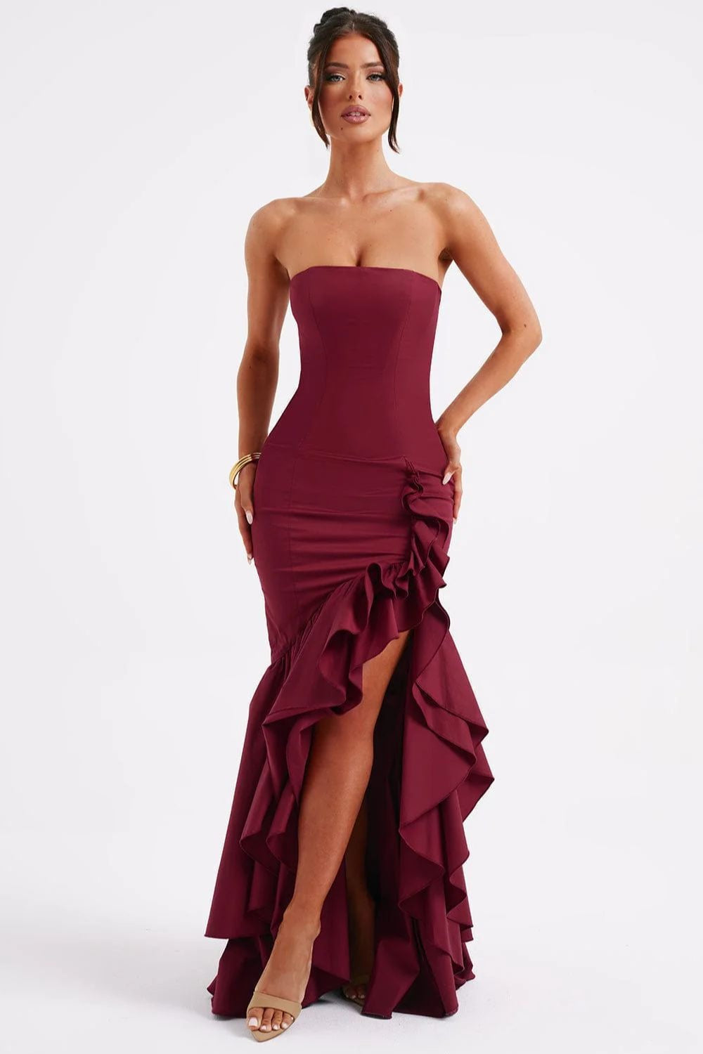 Strapless Corset Bustier High Split Ruffle Hem Maxi Dress