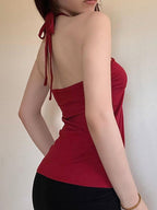 Lace-Up Pleated Bust Halter Vest
