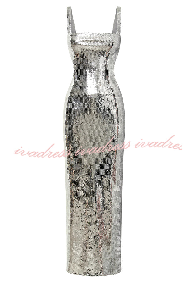 Eye Catching Sequin Cutout Waist Wide Strap Bacakless Maxi Dress