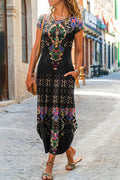 Ethnic Print Short Sleeve Pocket A-Line Maxi Dress