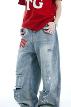 Washed Embroidered Loose Jeans