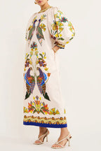Bird Print Puff Sleeve Belted Border Hem Midi Dress