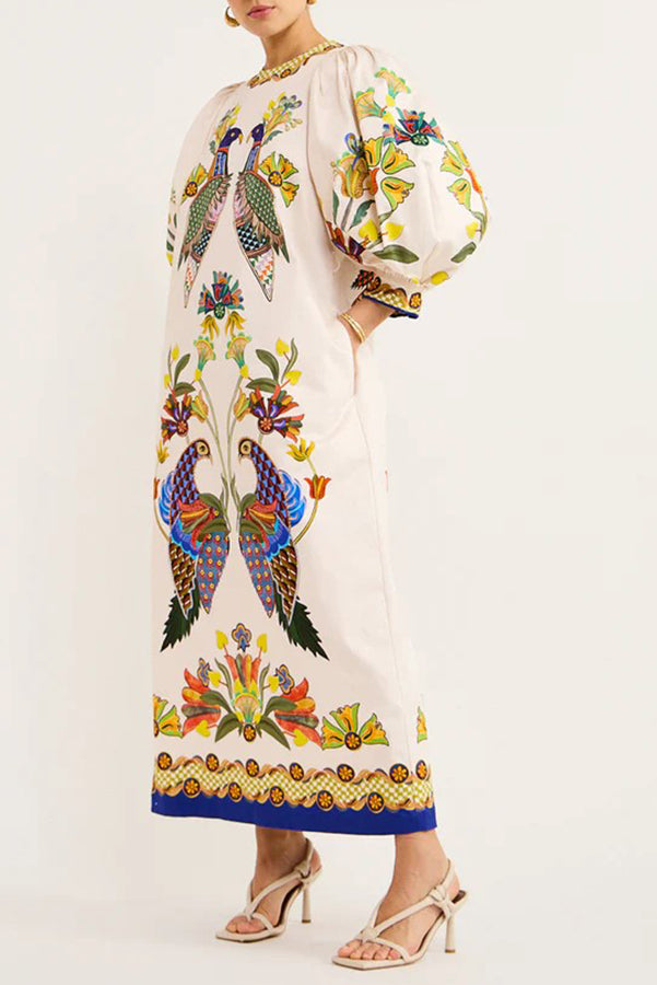 Bird Print Puff Sleeve Belted Border Hem Midi Dress