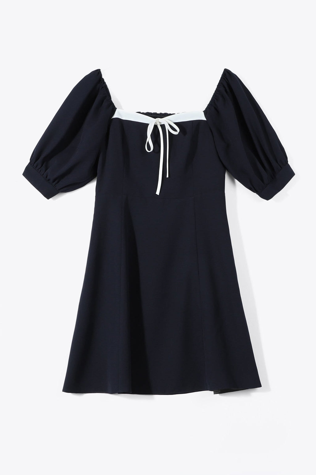 Square Neck Puff Sleeve Contrast Trim Tie Front A-Line Mini Dress