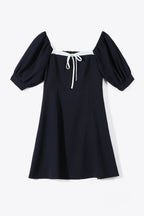 Square Neck Puff Sleeve Contrast Trim Tie Front A-Line Mini Dress