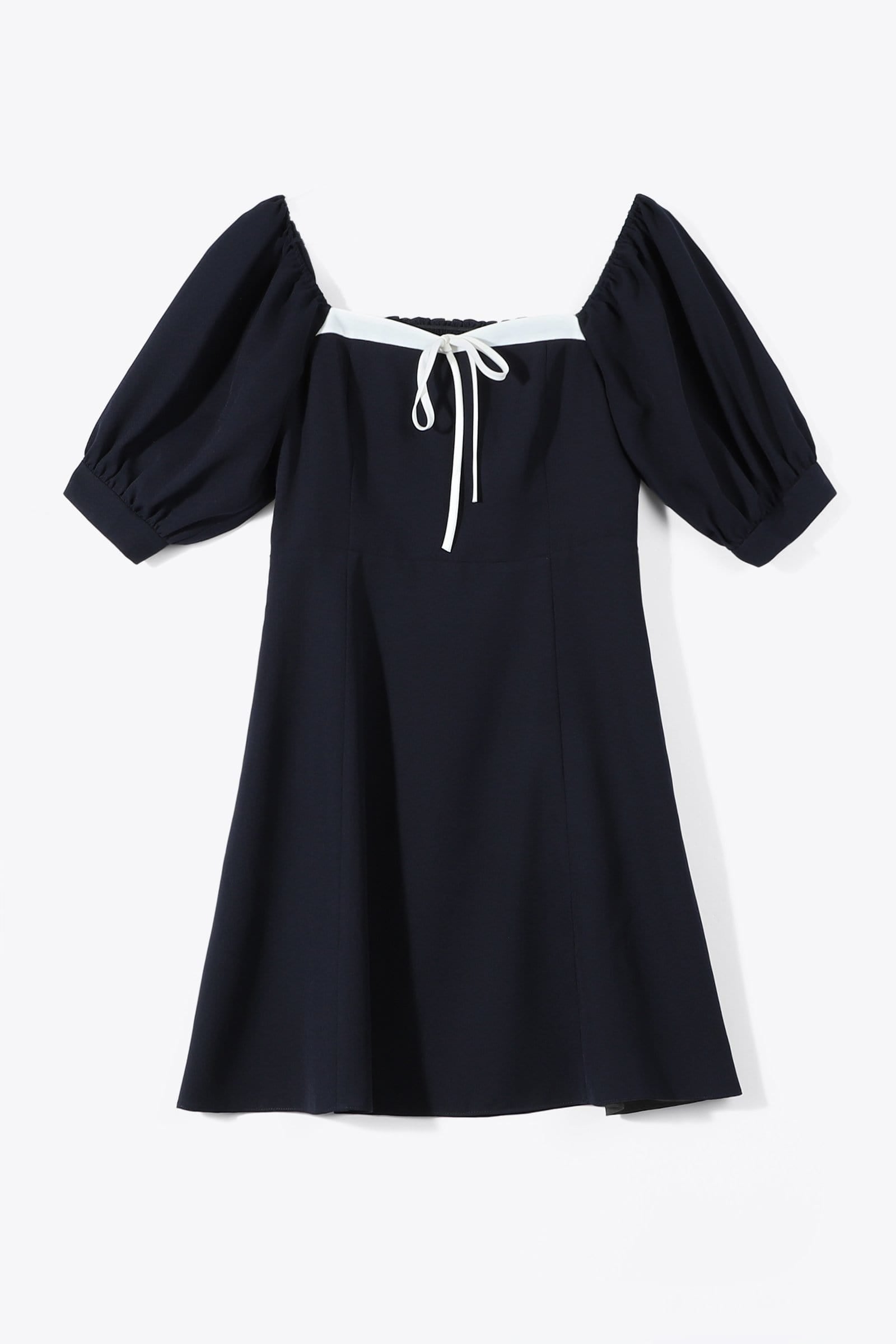 Square Neck Puff Sleeve Contrast Trim Tie Front A-Line Mini Dress