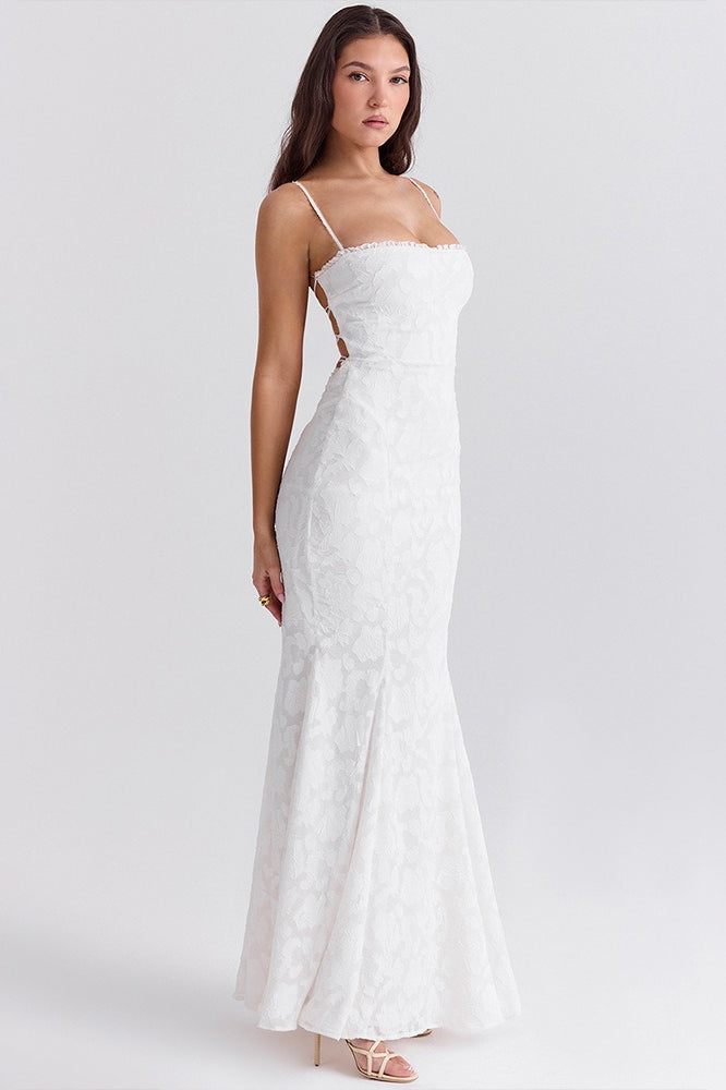 White Spaghetti Strap Back Lace-up Dress
