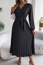 Deep V-Neck Bishop Sleeve Button Front Pleated Belted Midi Dress