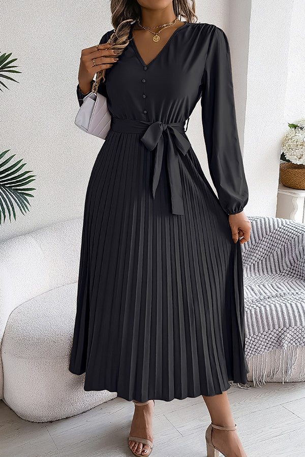 Deep V-Neck Bishop Sleeve Button Front Pleated Belted Midi Dress