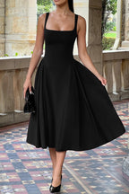 Square Neck Wide Strap Pleated Fit and Flare Midi Dress
