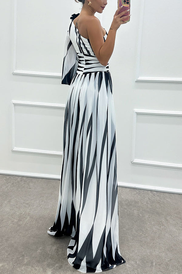 Geometric Stripe Print One Shoulder Lantern Sleeve Pleated High Split Maxi Gown