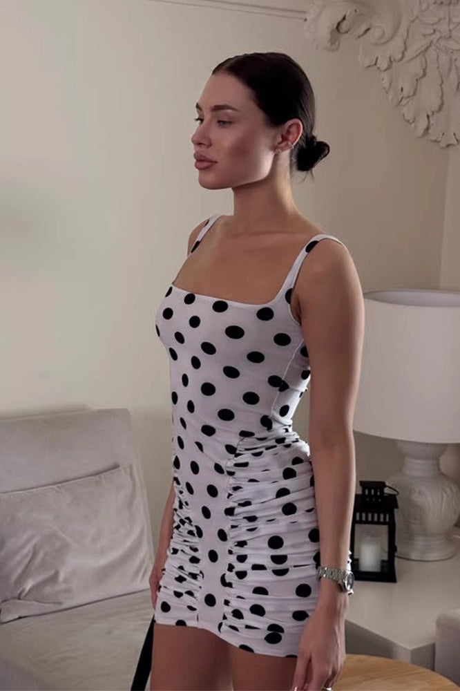 White Ruched Sleeveless Polka Dot Bodycon Mini Dress