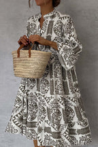 Block Print Mandarin Collar Bell Sleeve Tiered Babydoll Mini Dress