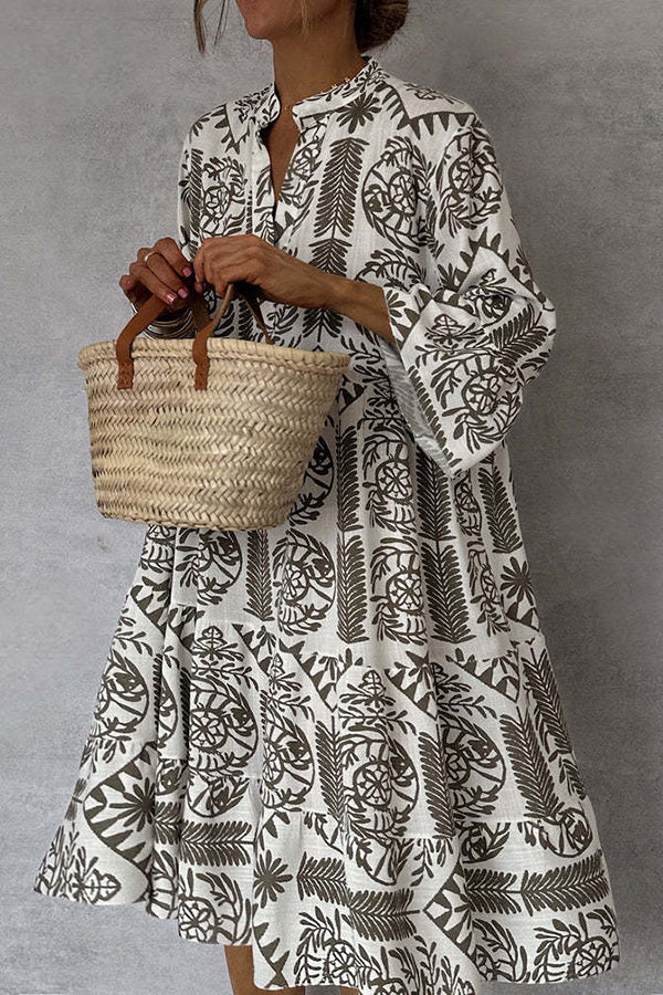 Block Print Mandarin Collar Bell Sleeve Tiered Babydoll Mini Dress