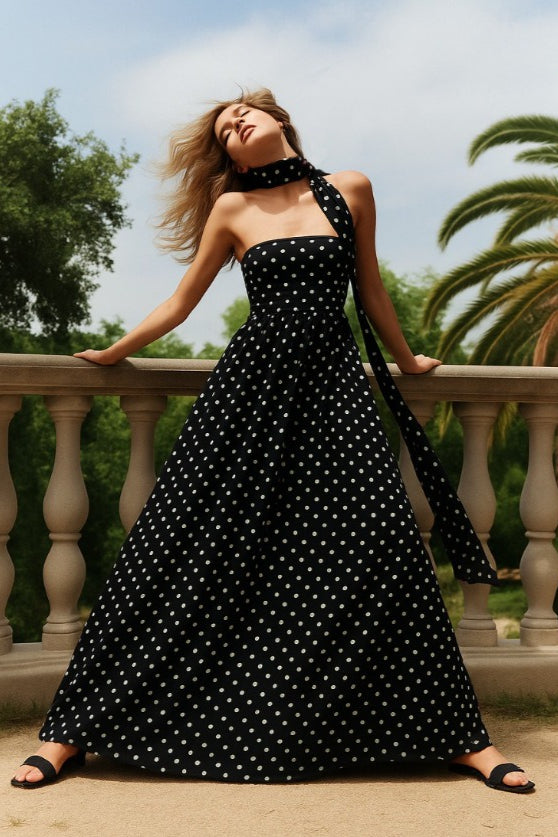 Polka Dot Strapless Neck Scarf Tie Pocket Full Skirt Maxi Dress