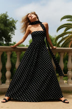Polka Dot Strapless Neck Scarf Tie Pocket Full Skirt Maxi Dress