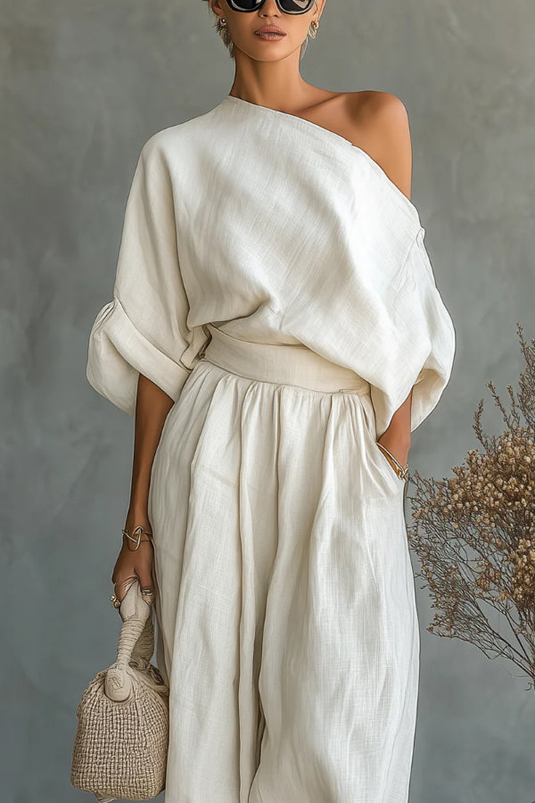 Solid Color Off-shoulder Loose Top and Elastic Waist Casual Pocket Wide-leg Pants Set