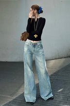 Washed Wide-Leg Distressed Jeans
