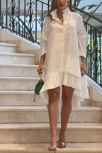 Stand Collar Pleated Ruffle High-Low Oversized Shirt Dress