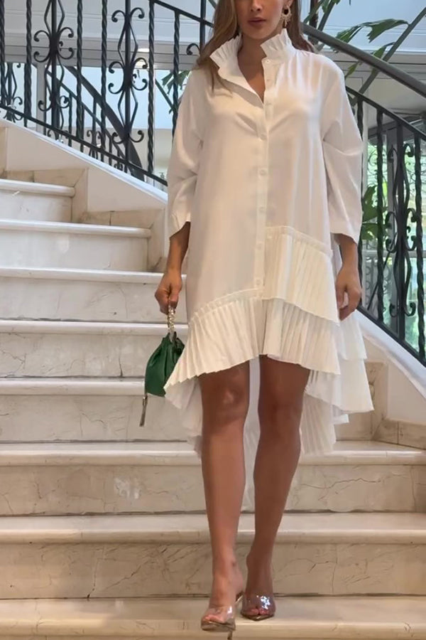 Stand Collar Pleated Ruffle High-Low Oversized Shirt Dress