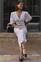 White Deep V Neck Puff Sleeve Empire Waist Button Detail Ditsy Floral Midi Dress