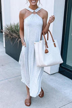 Halter Ring Detail Pocket Sharkbite Hem Jersey Maxi Dress