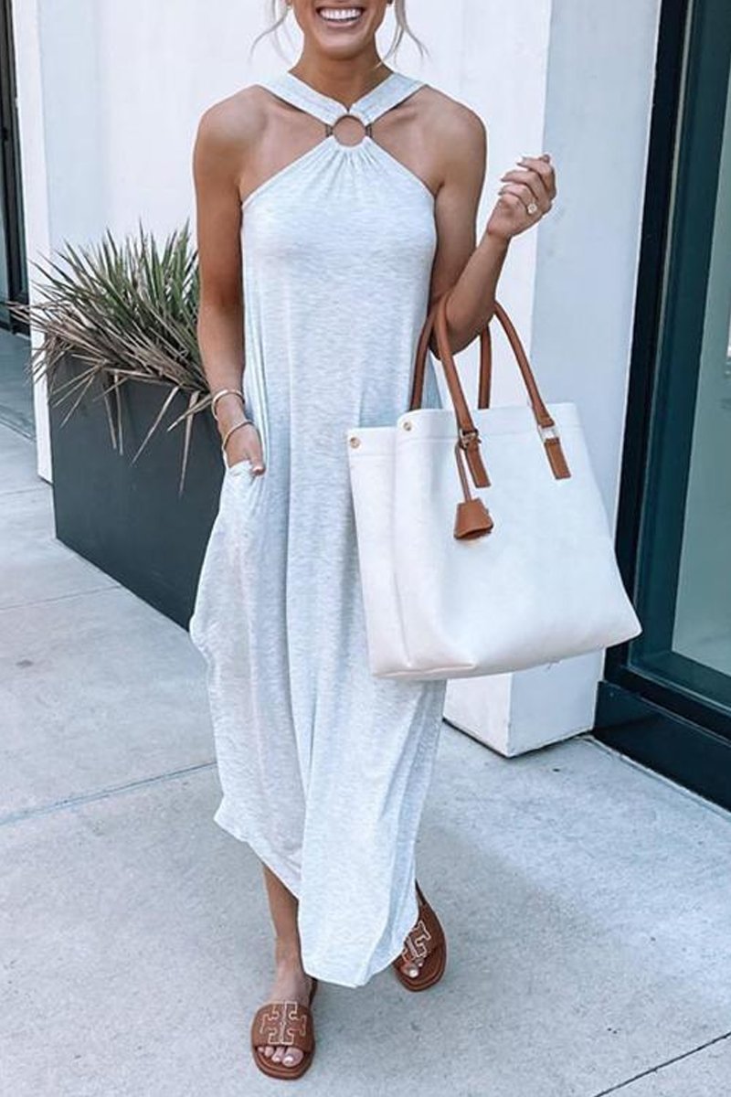 Halter Ring Detail Pocket Sharkbite Hem Jersey Maxi Dress