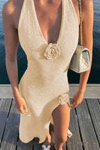 Halter Deep V-Neck 3D Floral Applique High Split Knit Maxi Dress