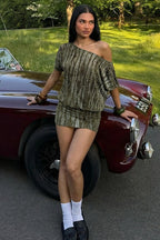 Green Off Shoulder Blouson Top Ruched Shibori Print Mini Skirt Set