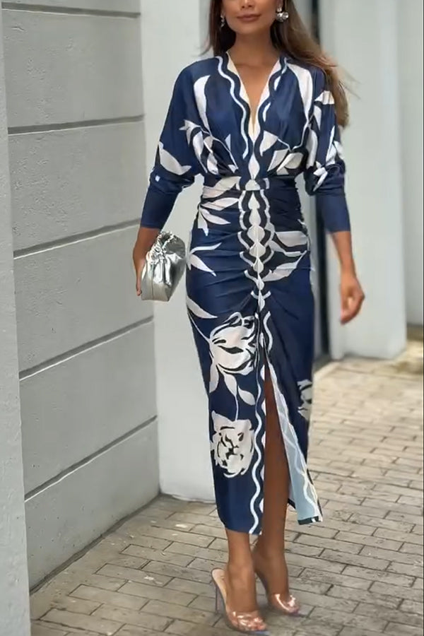 Brazilian Style Unique Print Dolman Long Sleeve Ruched Slit Midi Dress  Vestidos