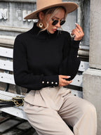 Burgundy Sweater High Collar Long Sleeves Ribbed Cuff Buttons Sweater