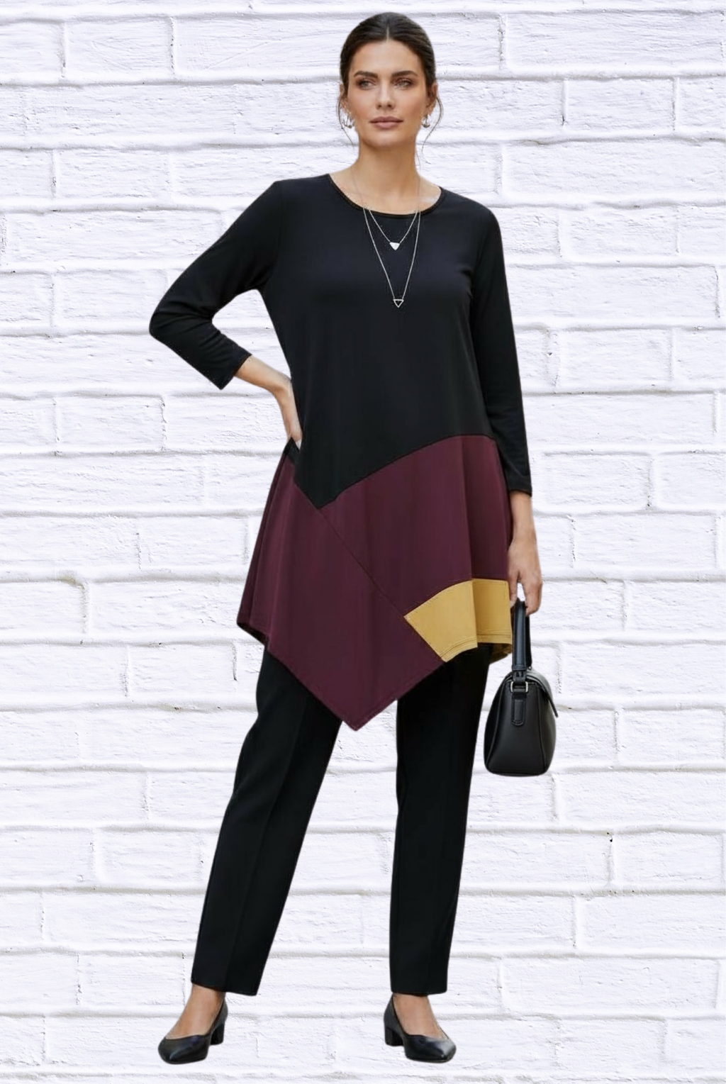 Color Block Asymmetrical Hem Knit Tunic Top _ Long Sleeve Soft Stretch Blouse