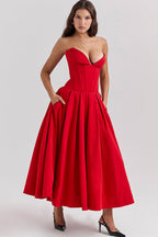 Strapless Plunging V-Neck Corset Bodice Box Pleat A-Line Midi Dress