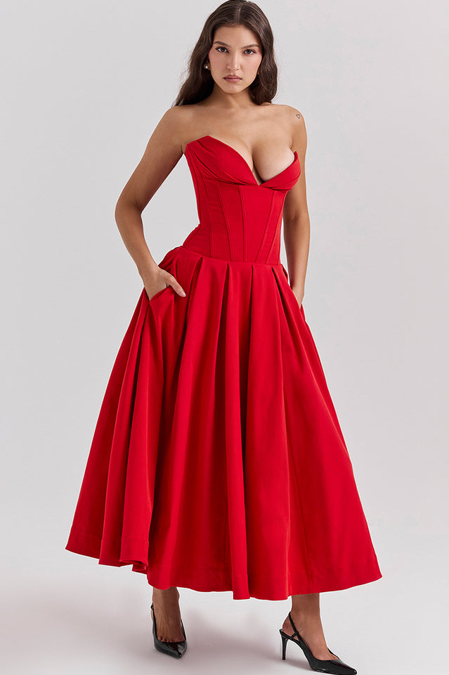 Strapless Plunging V-Neck Corset Bodice Box Pleat A-Line Midi Dress