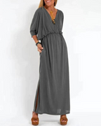 Surplice V-Neck Dolman Sleeve Elastic Waist Pocket Maxi Dress