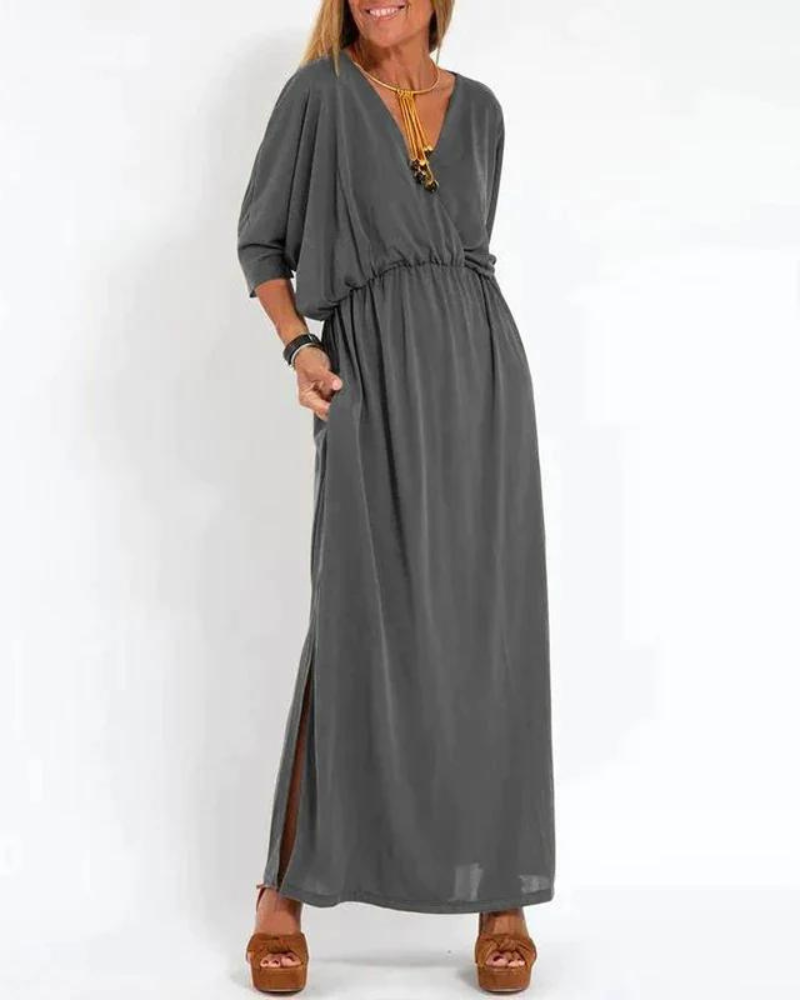 Surplice V-Neck Dolman Sleeve Elastic Waist Pocket Maxi Dress