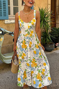 Button Down Printed A-line Ruffle Midi Sundress