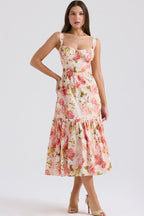 Sweetheart Bustier Wide Strap Floral Tiered Ruffle Midi Dress
